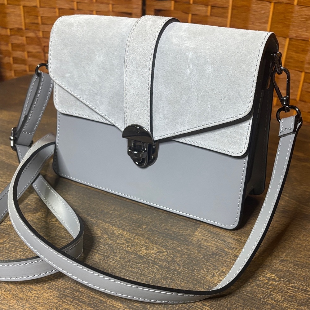 Genuine leather light blue/grey Crossbody Bag - Picture 2 of 6